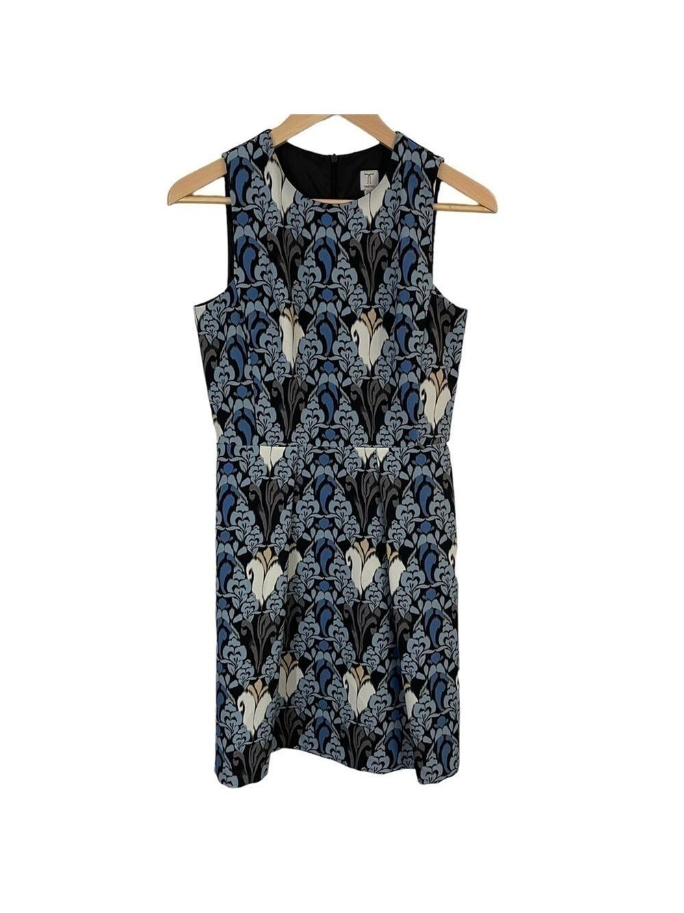 Tristan Sleeveless Pencil Dress Womens Sz 4 XS Blue Grey Damask Printed EUC